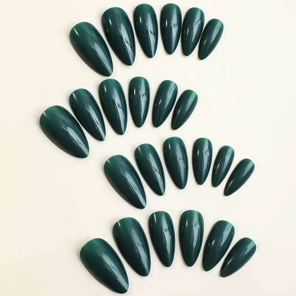24 Green Fake Nails Press On Kit Glossy Almond Style Manicure Glam Reusable - Picture 2 of 6